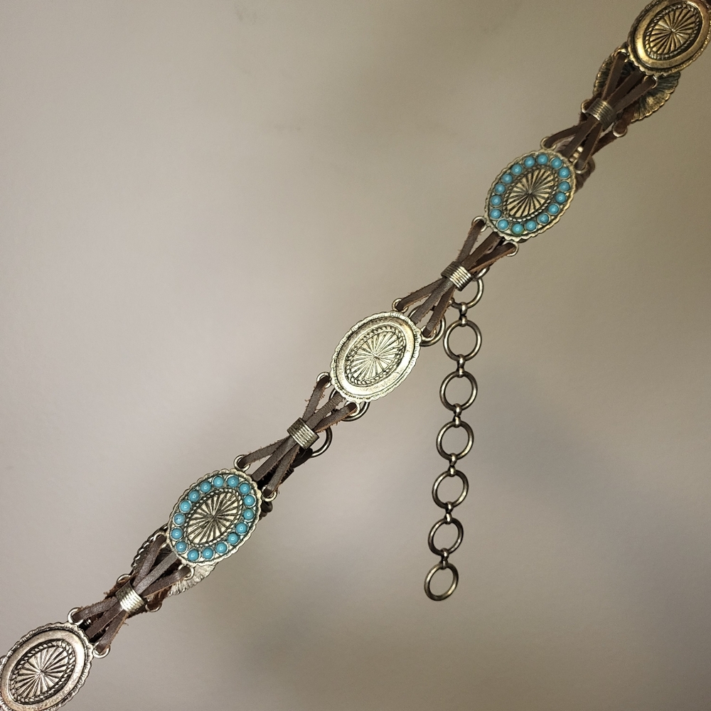 Western Concho Leather and Turquoise Style Belt Fits Waists 36-46"